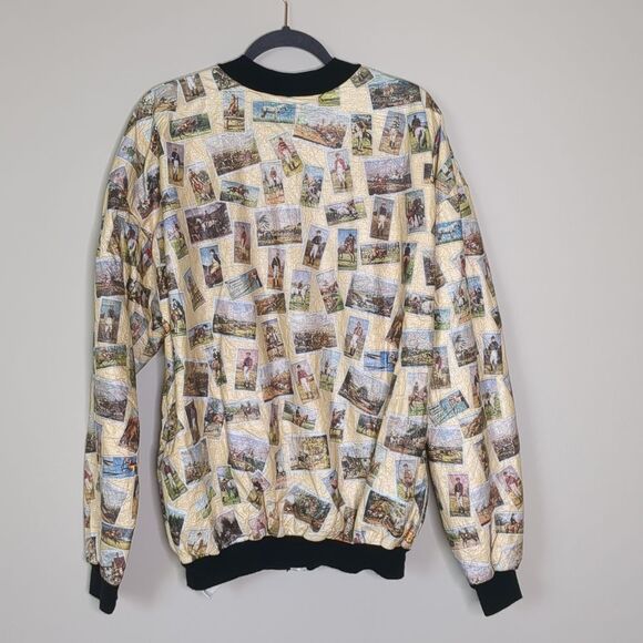 Vintage 90s Equestrian Print Bomber Jacket Hunt Print Riding Horses, Sz XL - Picture 2 of 9